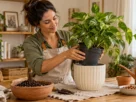 Mulher retira um vaso de cultivo de dentro de um cachepô ao comparar vaso com furo ou cachepô para uma planta.