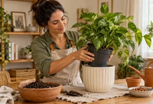 Mulher retira um vaso de cultivo de dentro de um cachepô ao comparar vaso com furo ou cachepô para uma planta.