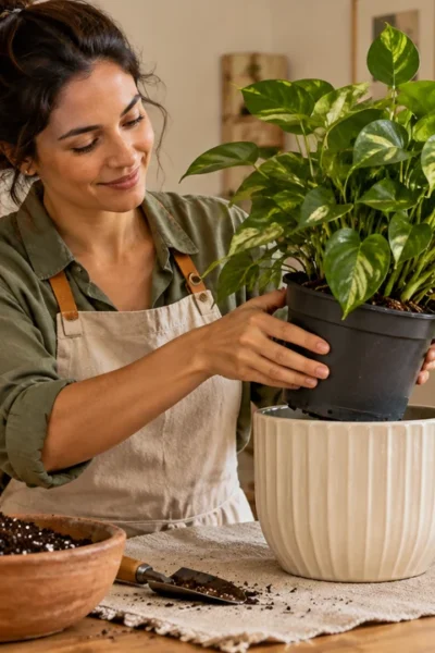 Mulher retira um vaso de cultivo de dentro de um cachepô ao comparar vaso com furo ou cachepô para uma planta.