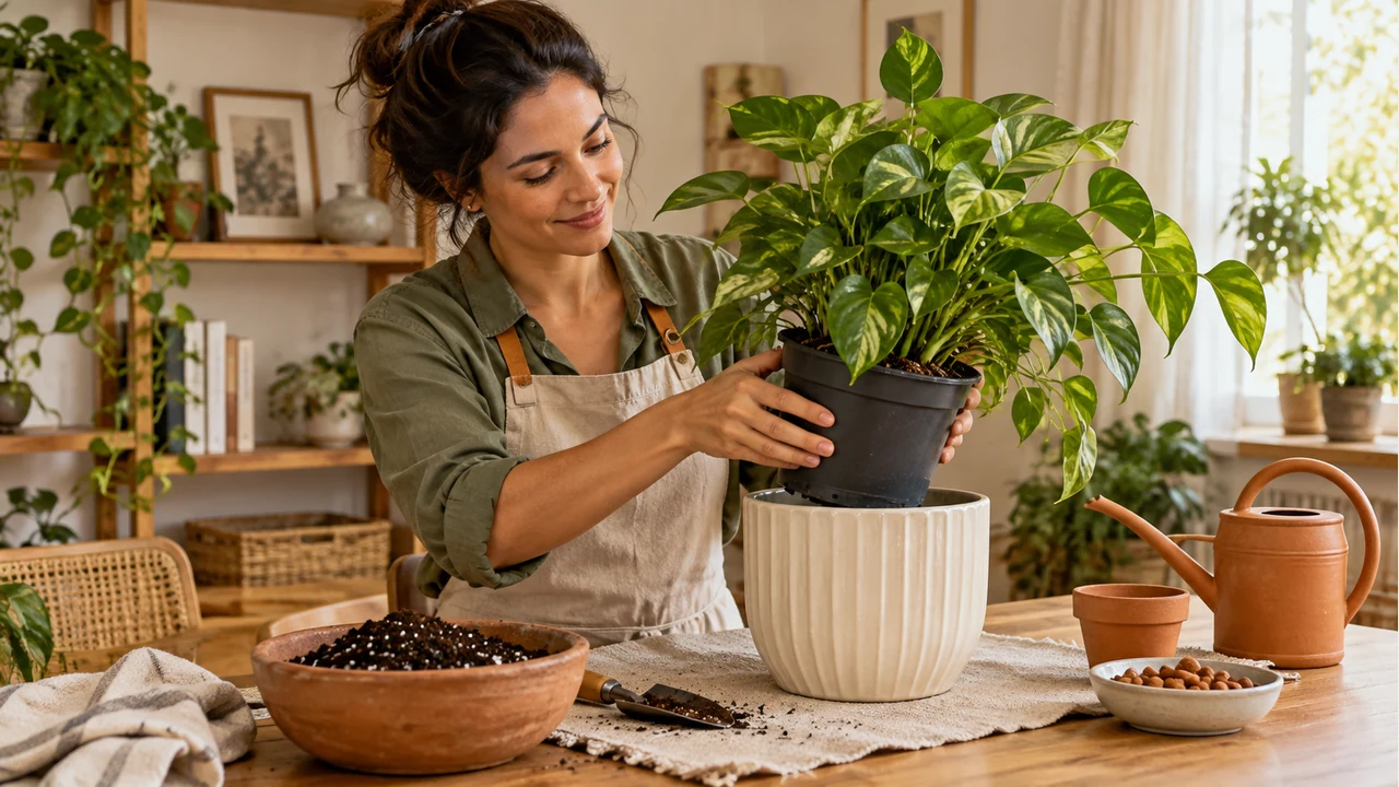 Mulher retira um vaso de cultivo de dentro de um cachepô ao comparar vaso com furo ou cachepô para uma planta.