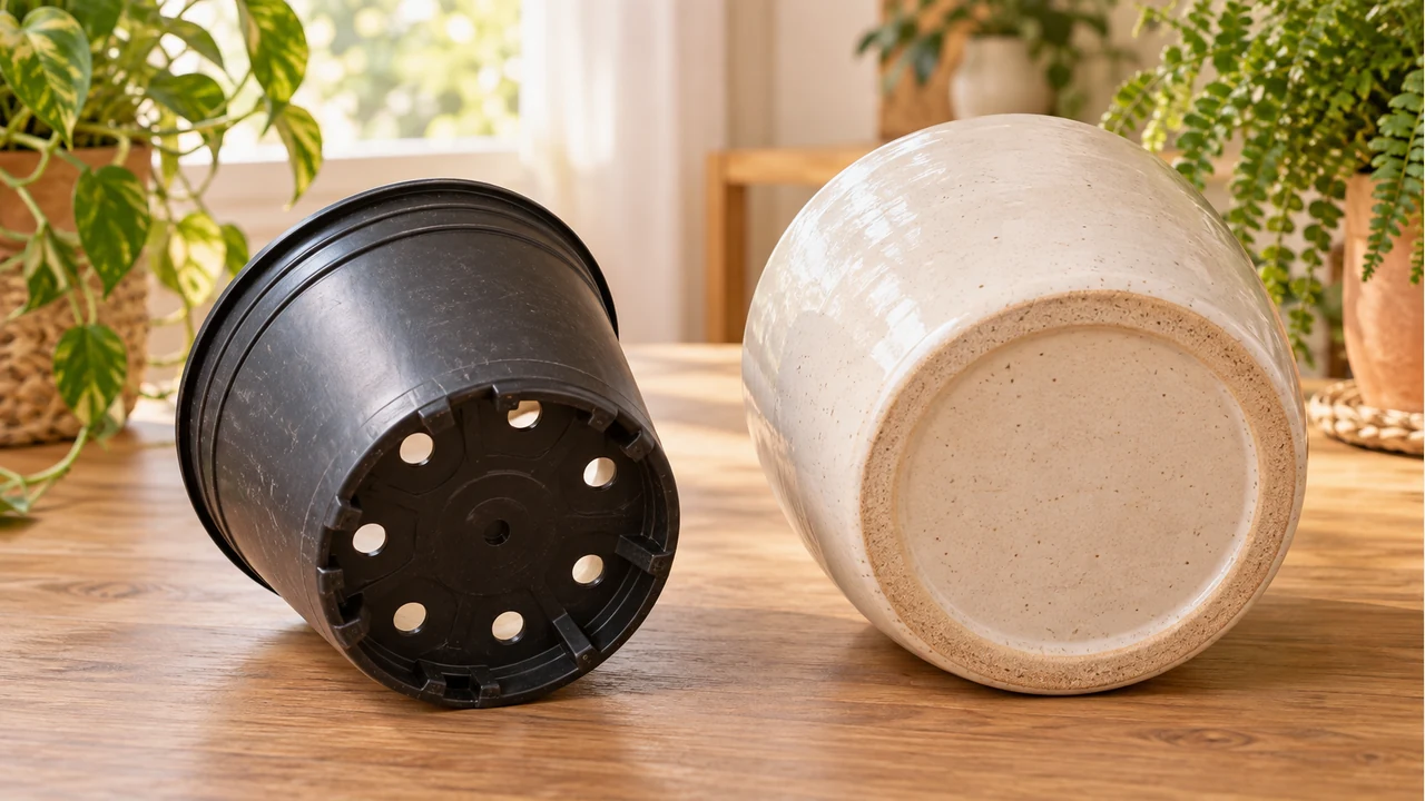 Vaso plástico com aberturas de drenagem e cachepô de cerâmica com base fechada, lado a lado.