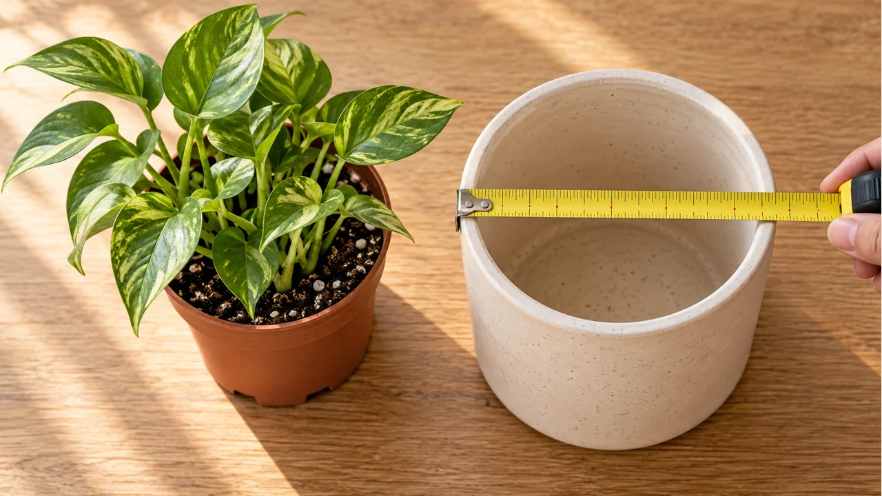 Trena posicionada sobre a abertura de um cachepô, ao lado de uma planta em vaso de cultivo.